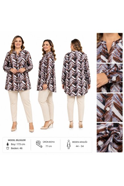 BİrHoşButik Plus Size Buttoned Long Sleeves with Patterned Sleeves, No Sweat-...