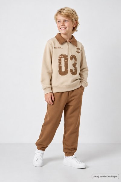 wolly woo Boys' Set 3 Thread Printed Zipper Closure Top and Bottom Set Cotton