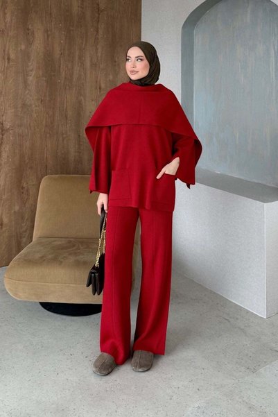 Hazamoda Moens Pocketed Knitwear Set Red