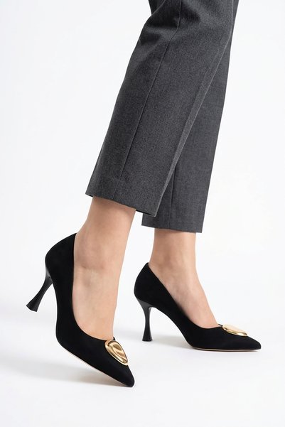 Moda Pie Guren Front Buckle Goblet Heeled Women's Stiletto Black Satin