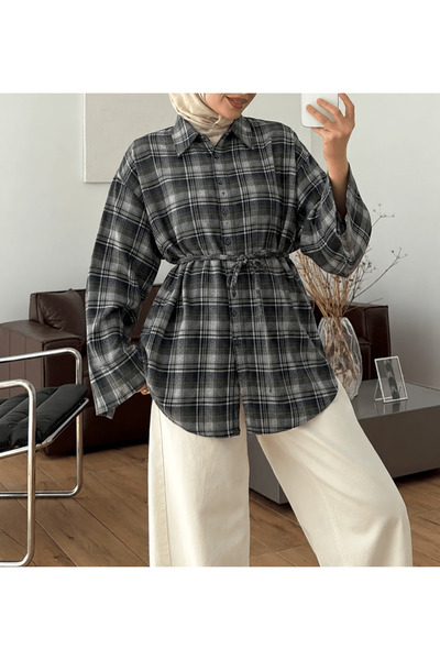 Hepsi Moda Geniş Kol Ekose Gömlek - 89216 - Haki & Gri