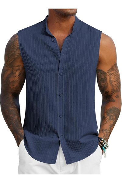 COOFANDY Mens Sleeveless Summer Shirts Casual Beach Tank Tops Button Up Textu...
