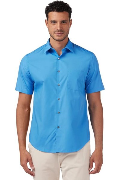 VAN HEUSEN قميص رجالي بأكمام قصيرة وقصة عادية من قماش البوبلين سادة