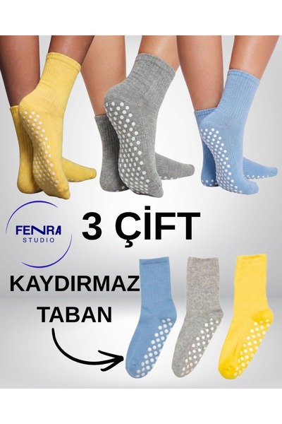 FENRA STUDIO 3-Piece Women's Non-Slip Sole Home Socks Yoga Pilates Blue Gray ...