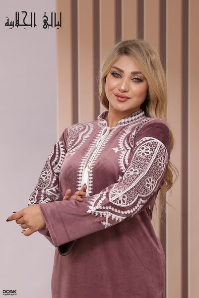 Lyaly aljlabyh Luxury Royal Velvet Jalabiya with Stand Collar and Gold & Silv...