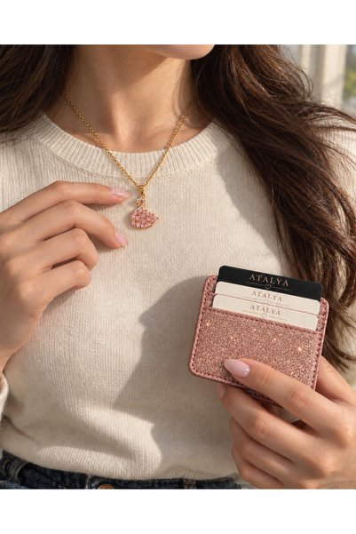ATALYA ACCESSORY Pink Stone Swan Women's Necklace and Silvery Leather Card Ho...