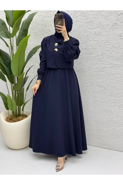 BETES Women's Modest, Chic, and Elegant Double Crepe Fabric Navy Blue Dress