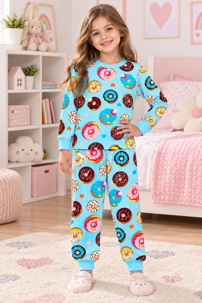 ALİŞ KİDS Girl's 100% Cotton Blue Color Donut Patterned Long Sleeve Pajama Set