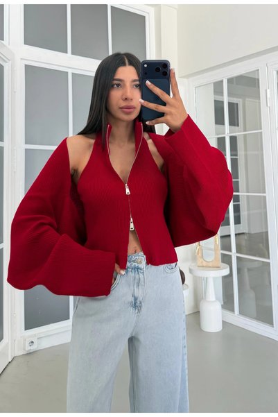 My Blog Red Zippered Bolero Detailed Double Knitwear Set - 10202