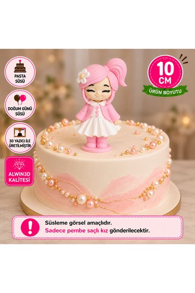 Alwin3d Pembe Saçlı Pembe Elbiseli 10 cm Doğum Günü Figürü Pasta Süsü