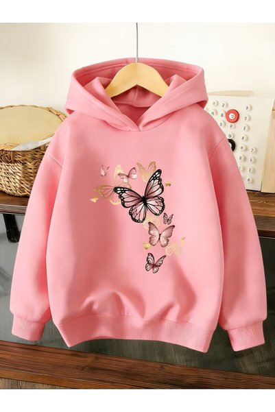 yombaa Çocuk Kapüşonlu Sweatshirt, Pembe Kelebek Bahar Tazeliği Doğal Baskılı...