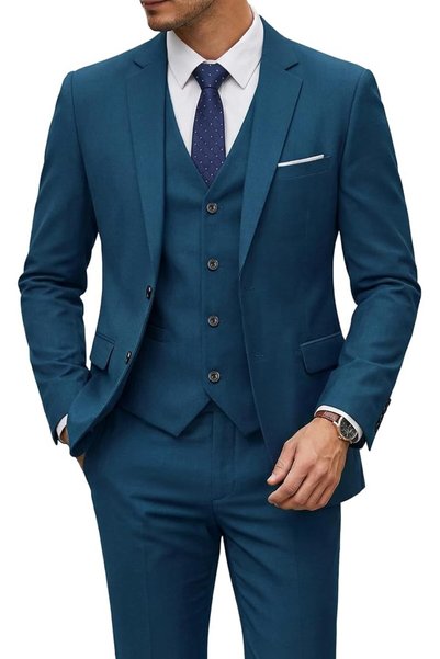 YND Men's 3 Piece Suit Set with Tie, 2 Button Slim Fit Solid Blazer Jacket Ve...
