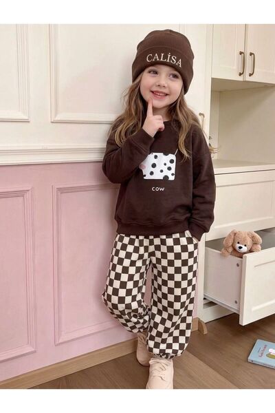 CALİSA Girl's Tracksuit Set Brown Cow Printed Oversize Jogger Checkered Bottom Top 2-8 Years