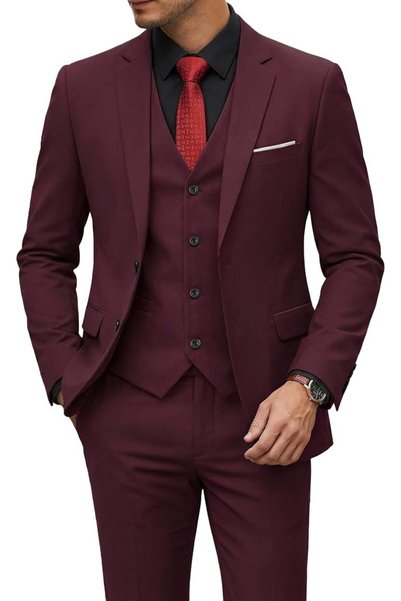 YND Men's 3 Piece Suit Set with Tie, 2 Button Slim Fit Solid Blazer Jacket Ve...