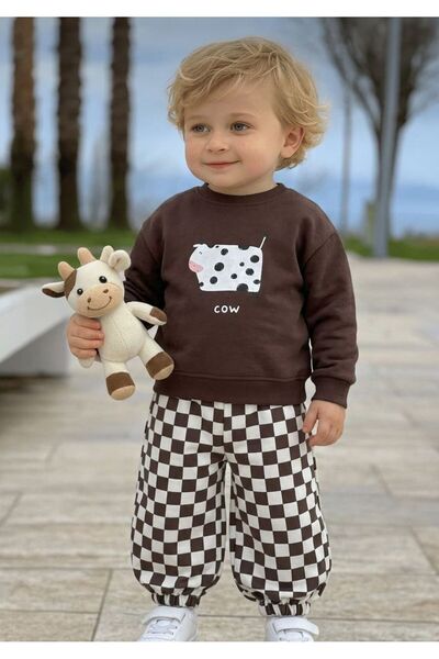 CALİSA Girl's Tracksuit Set Brown Cow Printed Oversize Jogger Checkered Bottom Top 2-8 Years