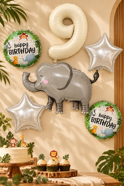Atölye Mi Set of 5 with 9 Year Old Elephant Foil Balloons and Number Balloon ...