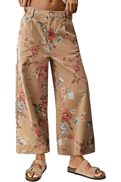 GENERAL Flamingals Floral Print Wide Leg Cropped Pants for Women Trendy Mid R...