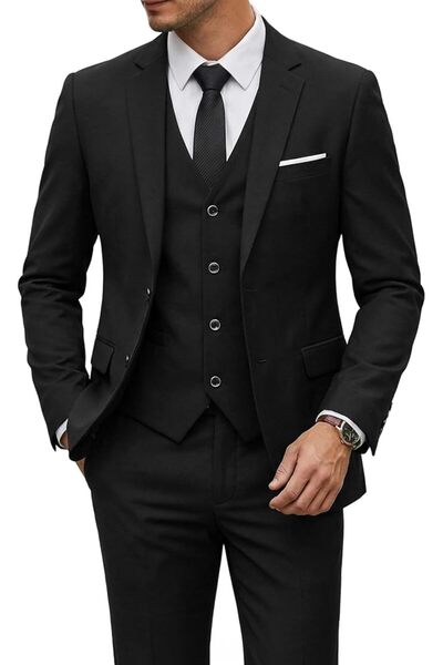 YND Men's 3 Piece Suit Set with Tie, 2 Button Slim Fit Solid Blazer Jacket Ve...