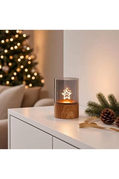 Ornament24 Decoratiune luminoasa de Craciun cu stea led si suport din lemn, v...