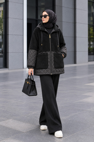 Aynaz Yeni Sezon Kapişonlu Kapitone Ürün boy:75 cm Siyah/Ekru Beden S/M/L/XL