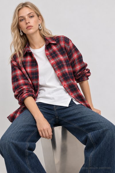 Lovelyİstanbul Plaid Patterned Woven Shirt Lyy0153 Dark Blue Red