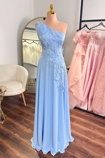 Lenta Moda Buz Mavi Tek Omuz Dantel Kaplama Şifon Abiye Ve Gece Elbisesi