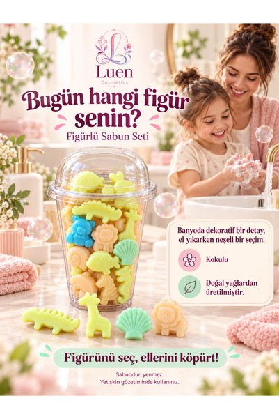 Figürlü Kokulu Sabun Seti – Dekoratif, Şeffaf Kapaklı Bardakta
