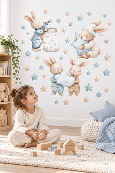 Sim Tasarım Blue Pastel Baby Rabbits and Stars Wall Sticker Set Baby Kids Roo...