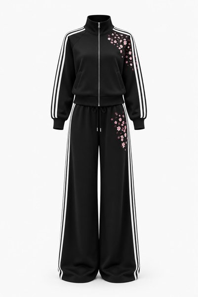 Violon Sakura Flower Embroidered Striped Zippered Tracksuit Set Black