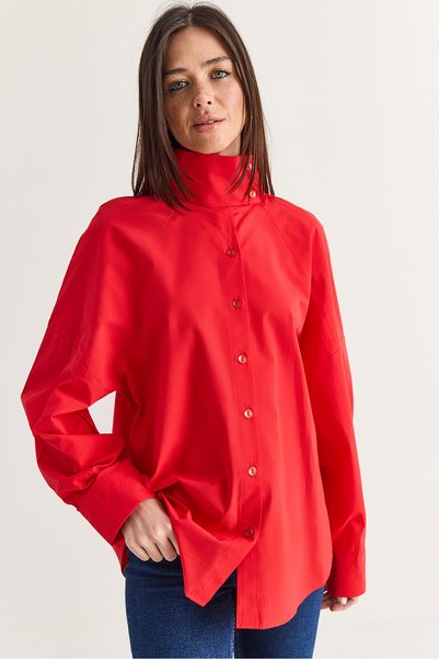 Bianco Lucci Kadın Dik Yaka Düğmeli Oversize Poplin Gömlek 5544 60286756