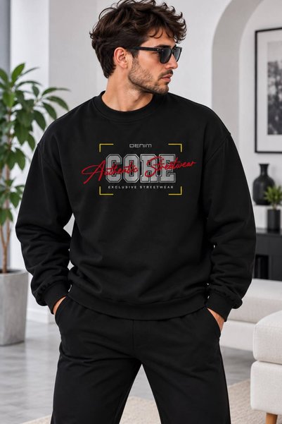 ENB1R MODA سويت شيرت مطبوع بقصة واسعة وسميكة بخيطين وياقة دائرية للجنسين