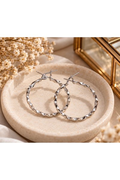 Nilove Concept Aksesuar Silver Color Geometric Pattern Hoop Earrings