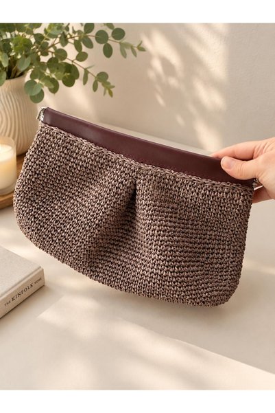 Venux Bohem Kahverengi Kağıt İp El Yapımı Kol ve Portföy Çanta