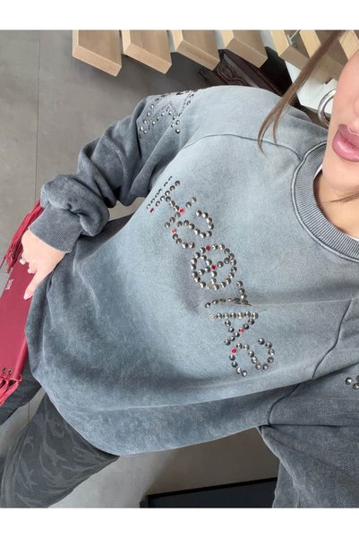 BB Bensu Buyruk Sweatshirt casual cu aplicații de pietre