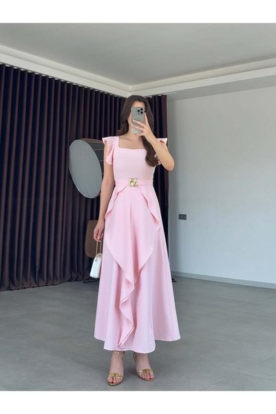 Balbe Fashion Fırfır Kollu Katlı Etek Detaylı Elbise- Pembe