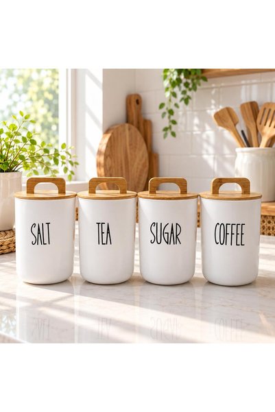 MODA OZY 4'lü Bambu Vakum Kapaklı Transfer Etiketli Akrilik (PLASTİK) Tea/Sugar/Coffe/Salt Kavanoz 900ml