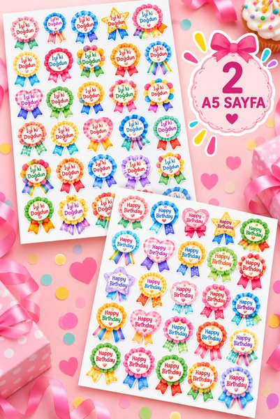 BieneGift İyi Ki Doğdun, Happy Birthday Rozet Sticker Seti - 2 A5 Sayfa Renkl...