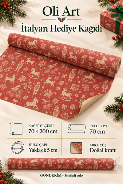 OLİ Art İtalyan Premium Hediye Paketleme Kağıdı - YENİ YIL KRAFT KIRMIZI ATLI...