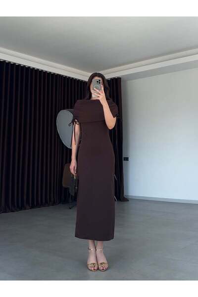Balbe Fashion Anya Yaka Detaylı Midi Elbise- Kahve