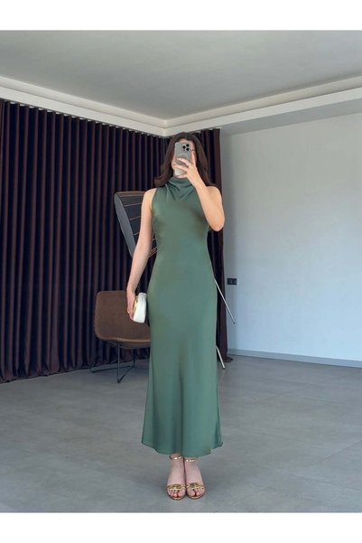 Balbe Fashion Nadia Drapeli Saten Maxi Elbise- Haki