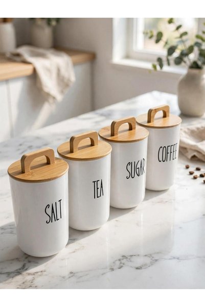 MODA OZY 4'lü Bambu Vakum Kapaklı Transfer Etiketli Akrilik (PLASTİK) Tea/Sugar/Coffe/Salt Kavanoz 900ml