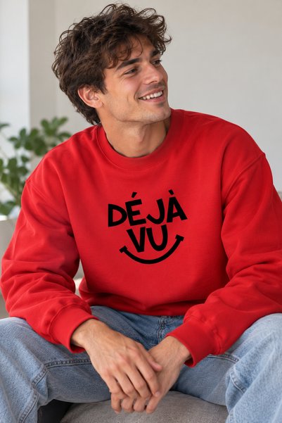 ArtYus Unisex Oversize Sweatshirt with Deja Vu Written Smile Detail – Crew Ne...
