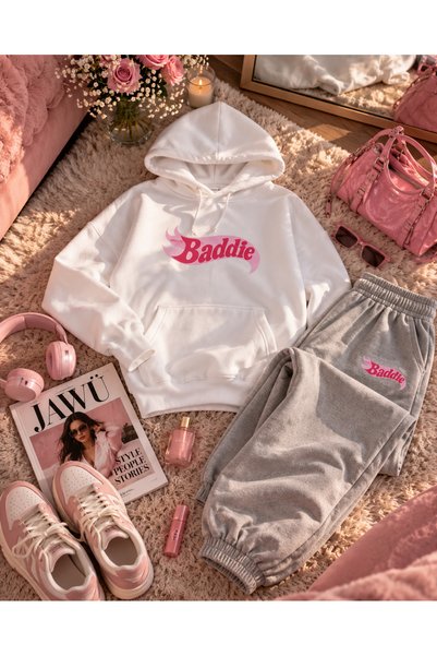 JAWÜ FASHION Baddies Σετ Φόρμας Premium με Κουκούλα και Στάμπα, Sweet-Eşofman