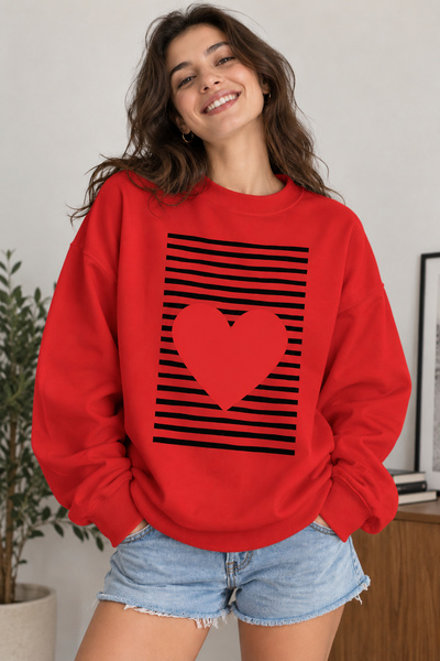 ArtYus Line Patterned Heart Printed Unisex Oversize Sweatshirt – Crew Neck Ca...