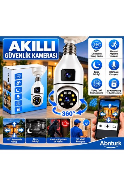 abnturk 360° Döner Başlıklı Akıllı Ampul Güvenlik Kamerası Gece Görüşlü Harek...