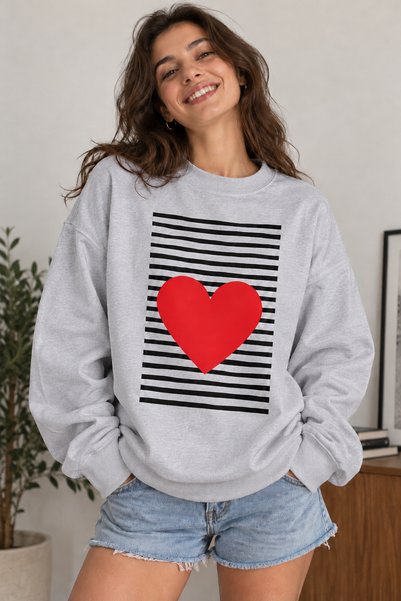 ArtYus Line Patterned Heart Printed Unisex Oversize Sweatshirt – Crew Neck Ca...