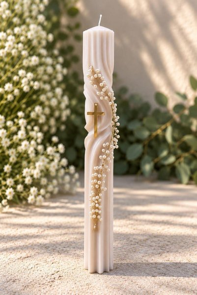 Generic Brand Lumânare Spiralată Bej H40 cm-D6cm decorată cu perle si cruciulită