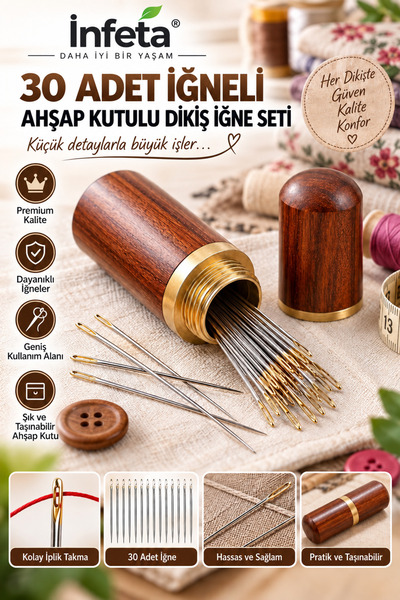 İnfeta Set od 30 čeličnih šivaćih igala sa drvenom kutijom za pohranu, za ruč...