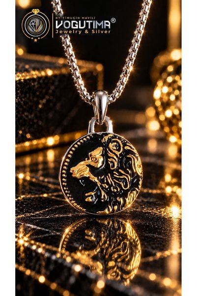 vogutima Erkek Kadın Çelik Aslan Kolye – Oksitli Gold Renk Kükreyen Aslan Fig...