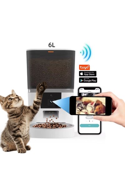AMYMAT Automatic Food Dispenser with Video Camera Pro, 6L, White/Black, Stain...